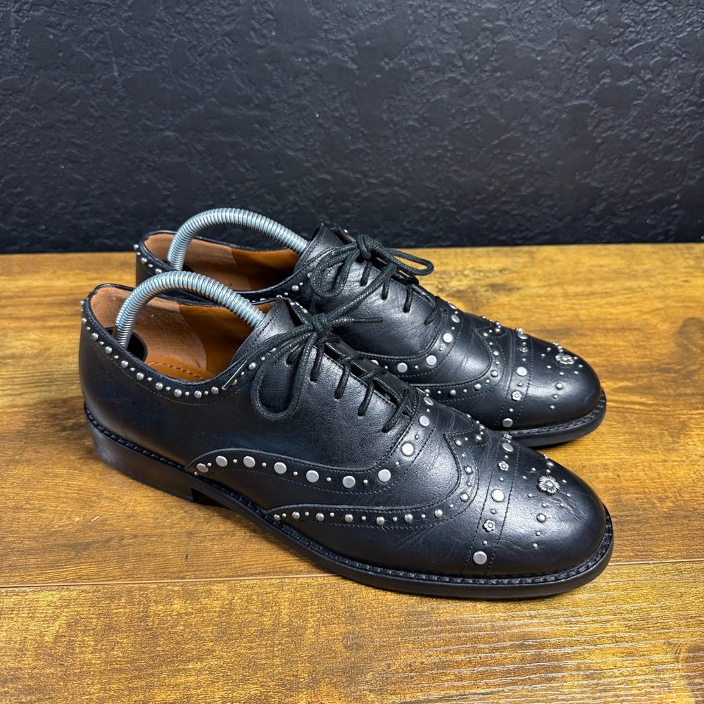 Coach G3240 Studded Wingtip Black Leather Oxford Dress Shoes Womens 9.5B